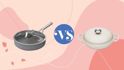 Le Creuset vs Ninja - cookware on a pink background