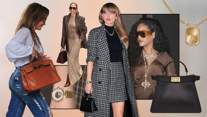 a collage of celebrities including Jennifer Lopez, Taylor Swift, and Rihanna wearing the loud luxury trend in street style