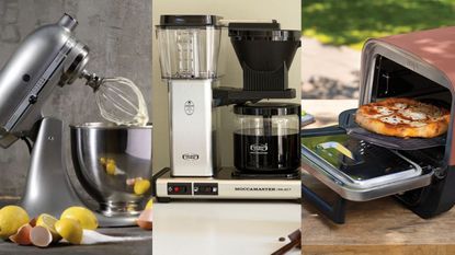 A triptych: a KitchenAid stand mixer against a gray wall; a Technivorm Moccamaster against a cream wall; a Ninja pizza oven against green grass. 