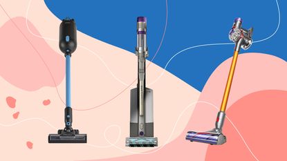 Halo Capsule X, Shark PowerDetect Clean and Empty, and Dyson V8 Absolute on Ideal Home style pink and blue background