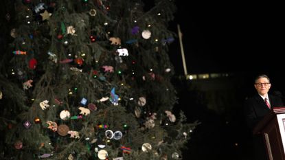 House Speaker Mike Johnson (R-La.) beside a Christmas tree