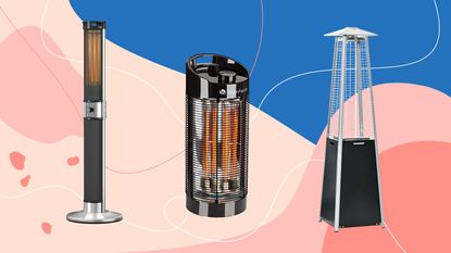 Three of the best patio heaters the Ideal Home team has tested on a pink and blue background