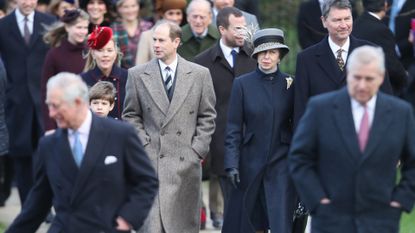 King Charles, Prince Edward, Princess Anne, Prince William, Prince Harry, Kate Middleton and other members of the Royal Family wearing coats walking to church on Christmas Day