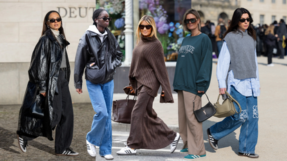 woman wearing leather trench coat, sweater, pants, and adidas sambas; woman wearing leather bomber jacket, hoodie, jeans, and adidas sambas; woman wearing turtleneck, skirt, and adidas sambas; woman wearing crewneck, cargo pants, and adidas sambas; woman wearing sweater vest, button-down shirt, jeans, and adidas sambas 