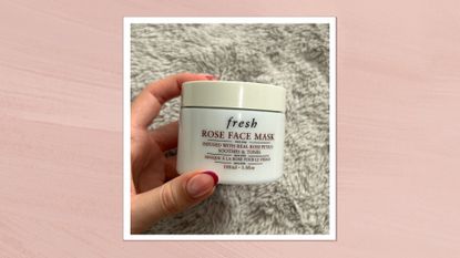 Image of our beauty writer holding the Fresh Rose Face Mask on a pink background