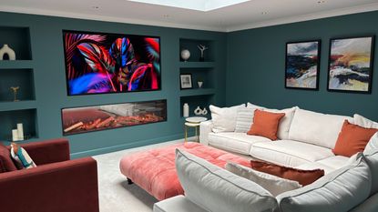 Large corner sofa, footstool and accent chair in media room