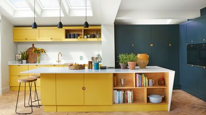 Yellow and blue two tone kitchen