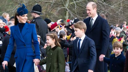 Catherine, Princess of Wales, Princess Charlotte of Wales, Prince George of Wales, Prince William, Prince of Wales and Prince Louis of Wales attend the Christmas Morning Service on December 25, 2023 in Sandringham