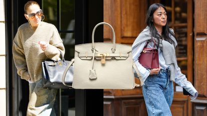 a collage of a fashion editor, Jennifer Lopez, and a Walmart birkin bag knock off