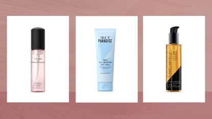 Collage of three of the best fake tan for pale skin options featured in this guide from Tan-Luxe, Isle of Paradise and St Tropez, on a dark pink watercolour-style background