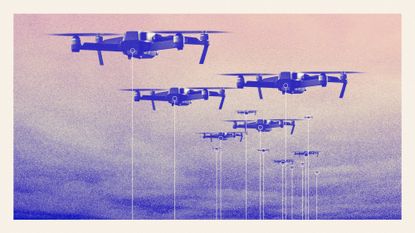 Illustration of a drone swarm in the evening sky