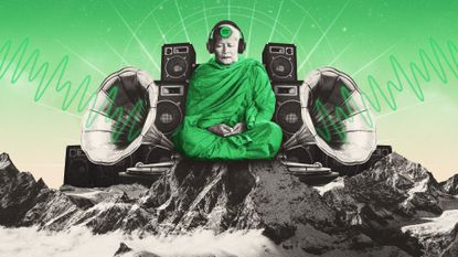 Illustration of a wise monk listening to music atop a mountain