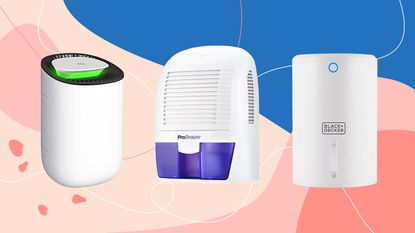 Three of the best dehumidifiers under £100 as tried and tested by the Ideal Home team on a pink and blue background