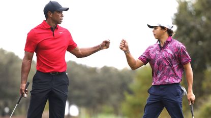 Tiger and Charlie Woods fist pump at last year&#039;s PNC Championship