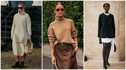 woman wearing turtleneck sweater and skirt, woman wearing turtleneck sweater and leather skirt, woman wearing white dress and black cardigan 