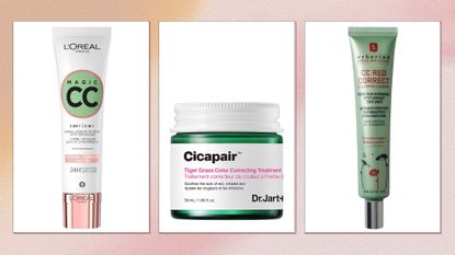 Collage of green colour correctors (L-R) L&#039;Oréal Paris Magic CC, Dr Jart+ Cicapair Tiger Grass Treatment and Erborian Red Correct CC Cream, on a pink watercolour background