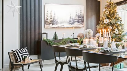 White and black dinning room with Christmas tree