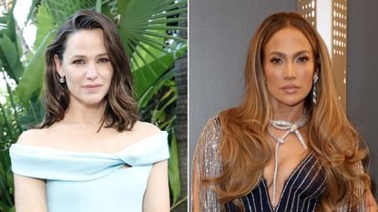 Jennifer Garner has shoulder length brunette hair and wears an off-the-shoulder baby blue dress, Jennifer Lopez has long golden brunette hair and is wearing a low-cut V-neck black and silver dress