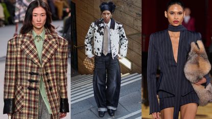 Winter print trends of 2024 are shown in a collage of runway and street-style images of women wearing houndstooth, pinstripe, and cow pattern trend