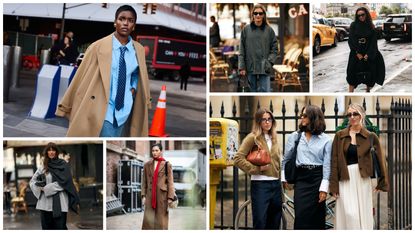 A six image image graphic of spring 2025 fashion month attendees in fall outfit ideas, like trench coats, sweaters, tan coats, barn jackets, black skirts, and leather jackets