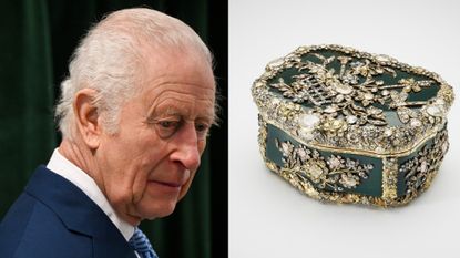 A photo of King Charles wearing a blue suit looking sad next to a photo of a green diamond covered enamel snuffbox