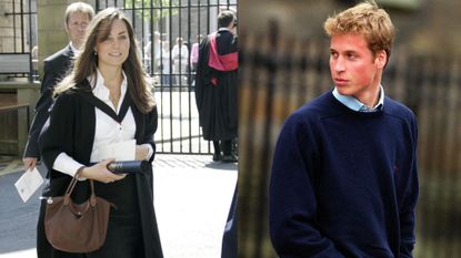 An early 2000s picture of Prince William in a navy sweater looking behind him in front of a fence at St. Andrews next to a graduation photo of Kate Middleton wearing a black robe and carrying a brown tote