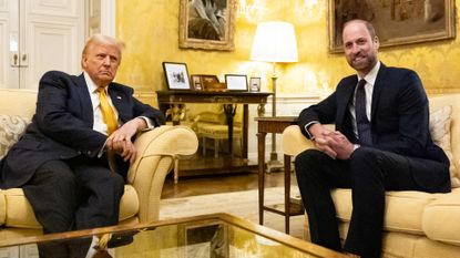 Donald Trump sitting next to Prince William on gold sofas 