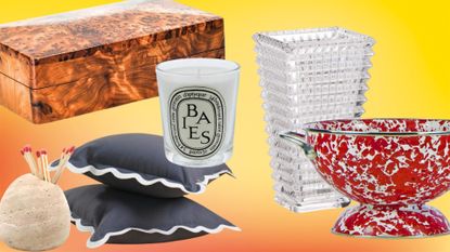 a collage of amazon home decor including a spiked glass vase, burled wood box, scalloped edge pillows, and red splattered collinder