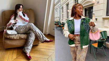 Two women wearing animal print pants.