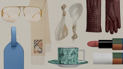 Collage of sunglasses, luggage tag, scarf, salad servers, gloves, tea cup, and lipstick.