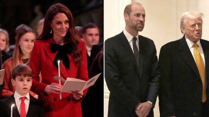 Kate Middleton wears a bright red dress with an oversized black bow and holds a candle to attend the annual Christmas carol concert in London with son Prince Louis, and Prince William meets with Donald Trump at the reopening of Notre Dame in Paris