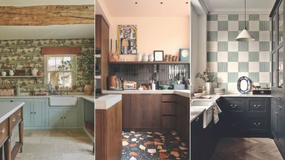 three images of kitchen with pattern