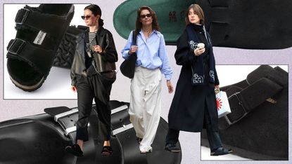 a collage of celebrities wearing Birkenstocks