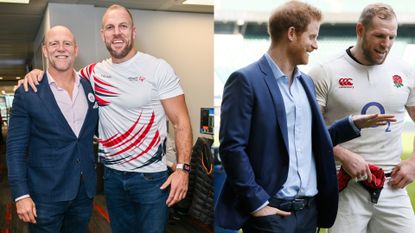 Mike Tindall and James Haskell standing together and smiling and a photo of Prince Harry and James Haskell talking in a rugby stadium