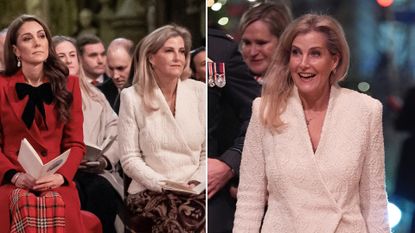 Sophie, Duchess of Wessex, wears a white jacket and a paisley skirt as she attends Kate Middleton&#039;s Christmas Carol Concert