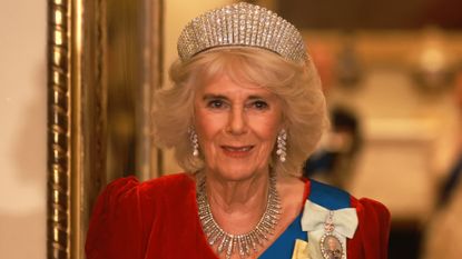 A shoulders-up photo of Queen Camilla wearing a red velvet gown and a diamond tiara smiling in front of a gold doorway