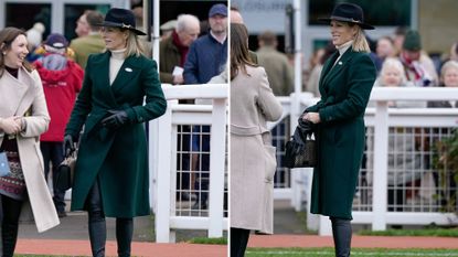 Composite of two pictures of Zara Tindall wearing a green coat, jumper, coated trousers and ankle boots to Cheltenham in December 2023