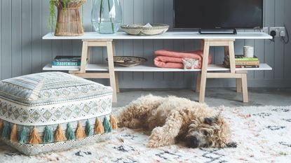 Fluffy dog laying on a berber rug in a living room, with an aztec pouffe next to it