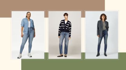 trio of images of women wearing skinny jeans and straight leg jeans 