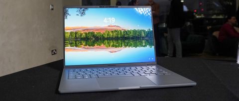 Asus Zenbook A14 on a table with the display on at CES 2025