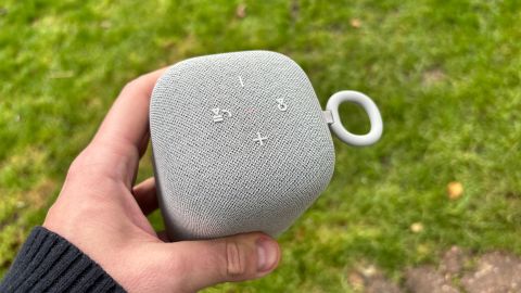 Sony LinkBuds Speaker wireless speaker held in hand above lawn