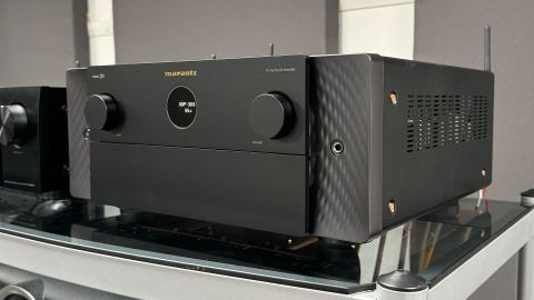 Marantz Cinema 30 home cinema amplifier on AV rack with front panel closed covering controls