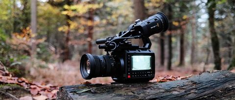 Blackmagic Pyxis 6K camera with lens attached perched on a log in the woods