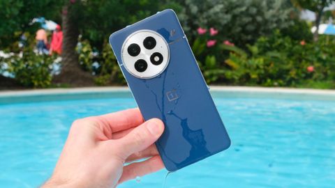 OnePlus 13 phone in blue dripping with water in front of a pool lined with green plants