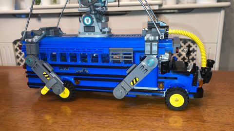 Close up side view of the Lego Fortnite Battle Bus (77073)