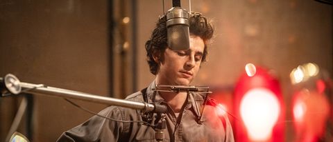 Timothee Chalamet as Bob Dylan in the studio in A Complete Unknown