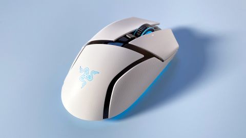 The Razer Basilisk V3 Pro 35K gaming mouse against a blue background.