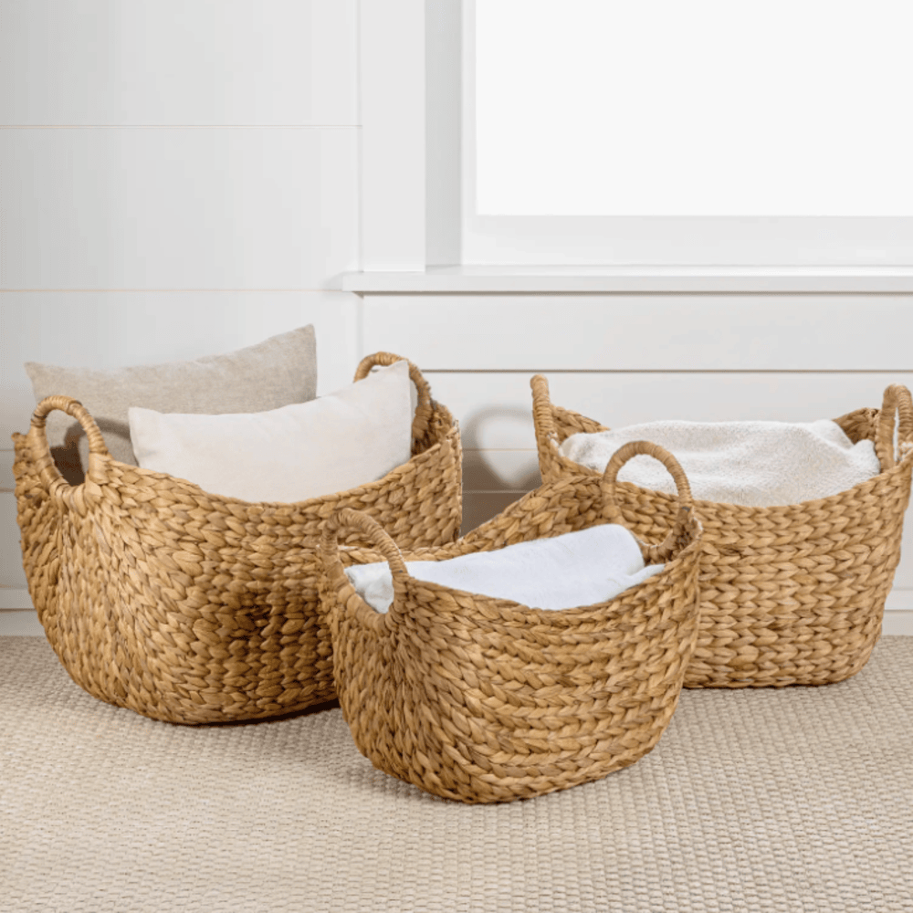 Nellie Farmhouse Classic Handwoven Hyacinth Storage Boat Baskets with Handles
