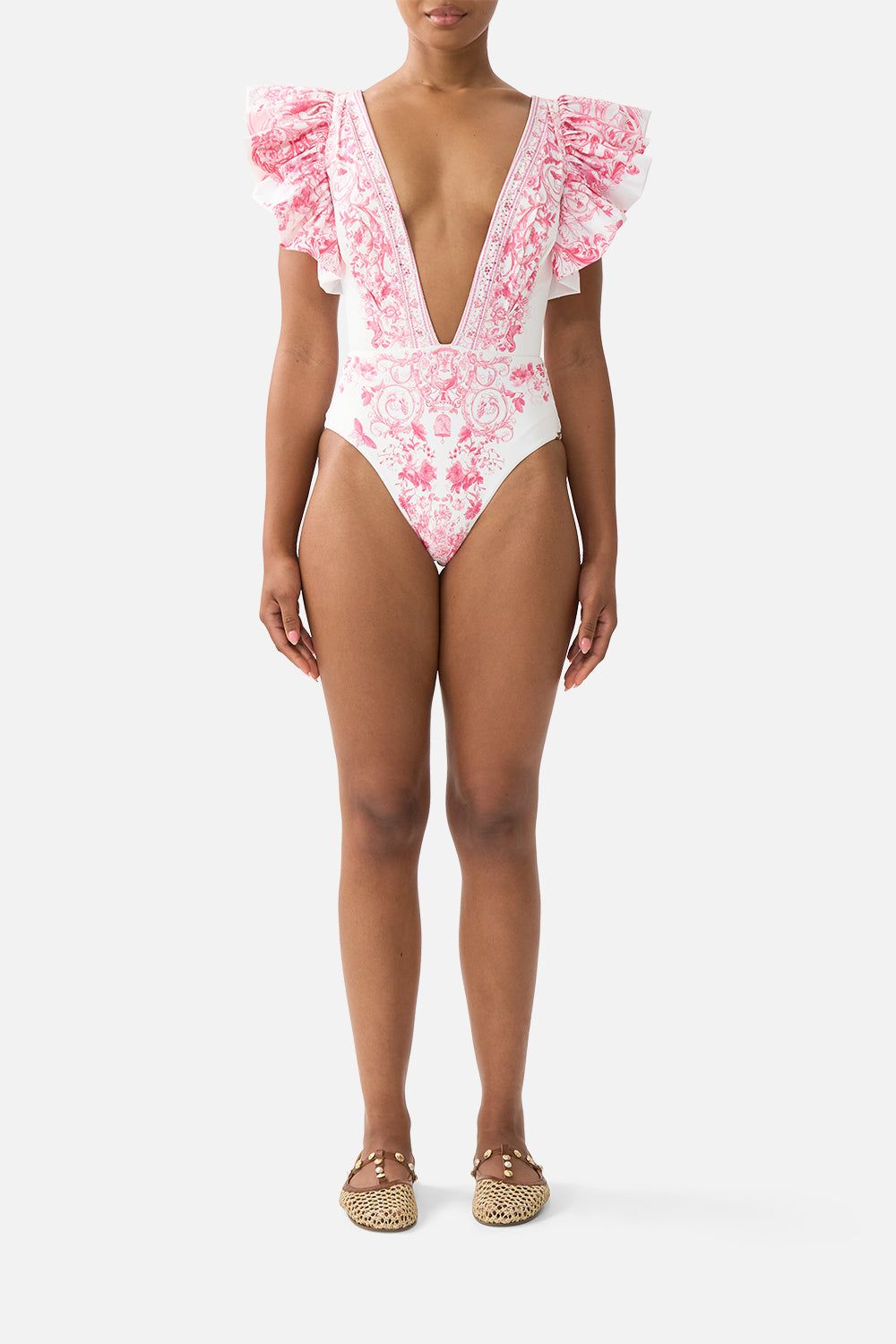 Plunge One Piece W Pleated Ruffle Sleeves Livin La Vida Rosa