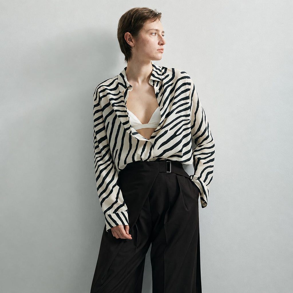 Zebra Print Mulberry Silk Shirt for Women Relaxed Fit Luxury Silk Button-Down Blouse